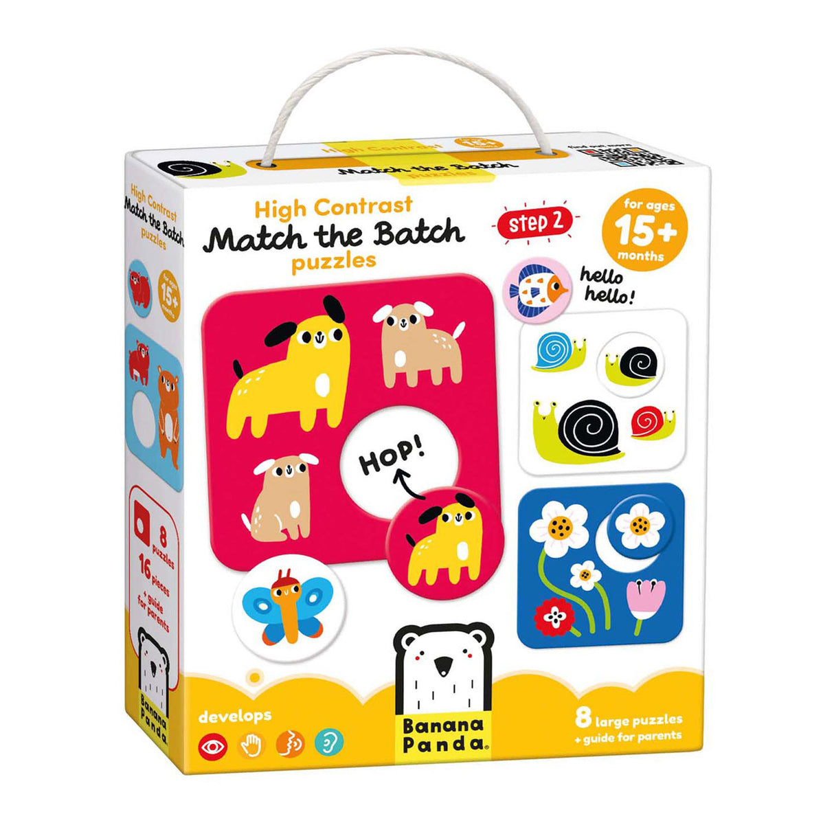 Bananenpanda – kontrastreiches Puzzle, das Gleiche findet – 8 Teile.