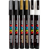 Uni-Posca-Posca-Marker, Größe PC-3 m, Strichbreite 0,9–1,3 mm, fein, Gold, Silber, Weiß, 6 Teile, 1 Box