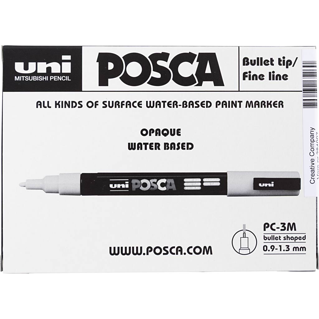 Uni-Posca-Posca-Marker, Größe PC-3 m, Strichbreite 0,9–1,3 mm, fein, Gold, Silber, Weiß, 6 Teile, 1 Box