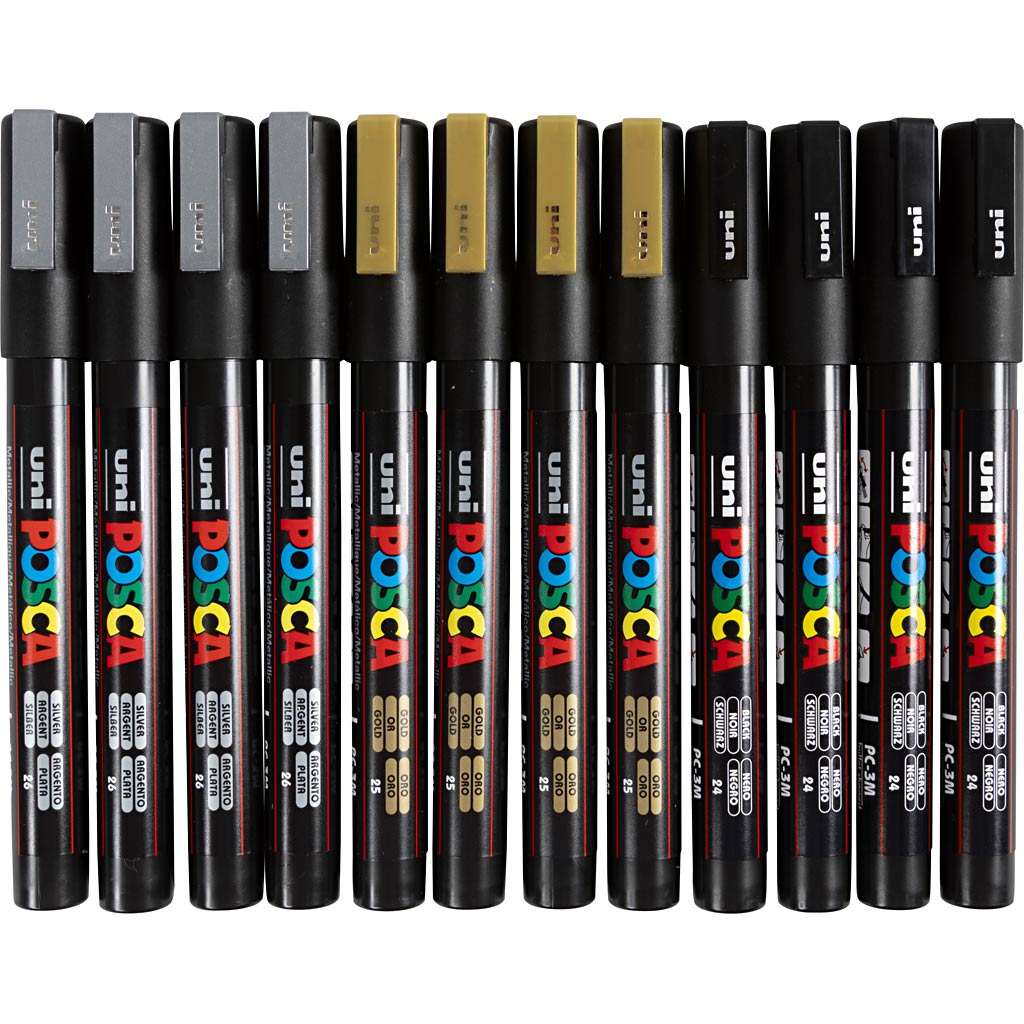 Uni-Posca-Posca-Marker, Größe PC-3m, Strichbreite 0,9–1,3 mm, fein, schwarz, gold, silber, 12 div. 1 Box