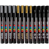 Uni-Posca-Posca-Marker, Größe PC-3m, Strichbreite 0,9–1,3 mm, fein, schwarz, gold, silber, 12 div. 1 Box