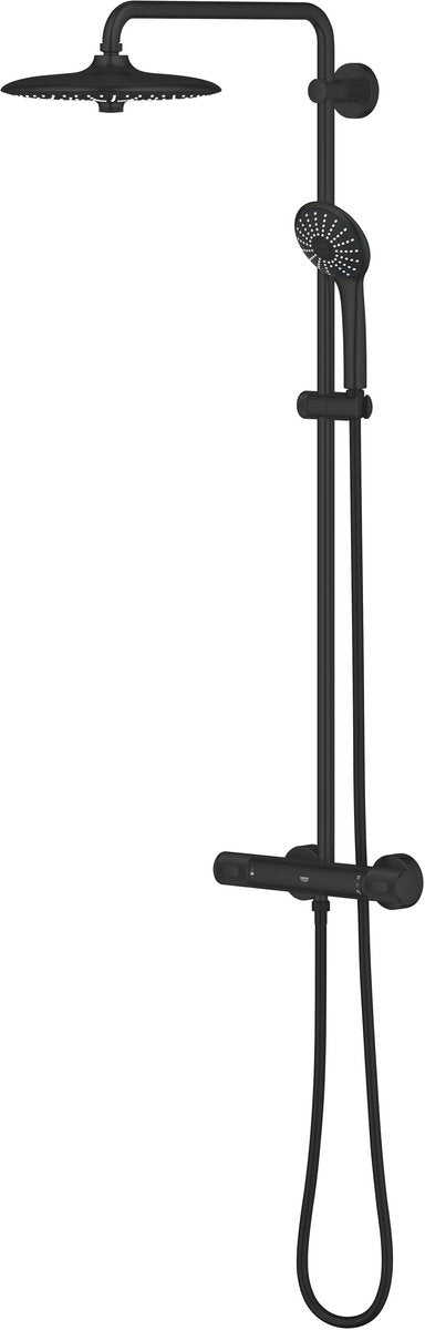 Grohe Vitalio Joy 260 Duschsystem mit Cooltouch-Thermostat – 260 mm Kopfbrause mit 3 Düsen und 110 mm Handbrause mit 3 Düsen – wassersparend – Wandmontage – Mattschwarz