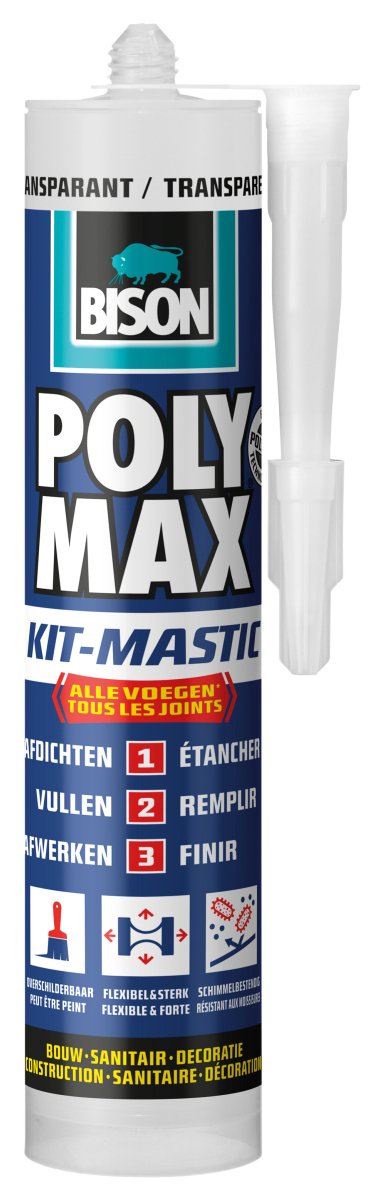 Bison Poly Max Kit transparente Tube 280 ml, All-in-1-Set, wasserfester Verschluss, universell, innen und außen, überstreichbar, spachtelbar, schrumpffrei, temperaturbeständig von - 40°C bis + 100°C