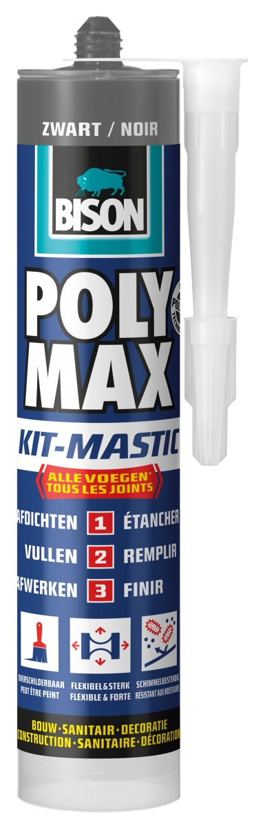 Bison Poly Max Kit schwarz Tube 280 ml, All-in-1-Set, wasserfester Verschluss, universell, innen und außen, überstreichbar, füllbar, temperaturbeständig von - 40°C bis + 100°C