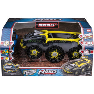 Nikko RC-Auto Hercules – wiederaufladbares USB-C-gesteuertes Auto mit Akku für drinnen und draußen – für Kinder ab 6 Jahren – Sonderfunktion mit 6 Rädern – Stunt-Auto mit 360°-Drehung – 30 cm