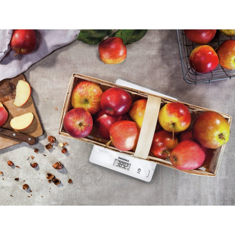 Soehnle Küchenwaage Compact 300 – digital – 1 Gramm genau – bis 5 kg – Marmoroptik – weiß