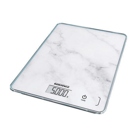 Soehnle Küchenwaage Compact 300 – digital – 1 Gramm genau – bis 5 kg – Marmoroptik – weiß