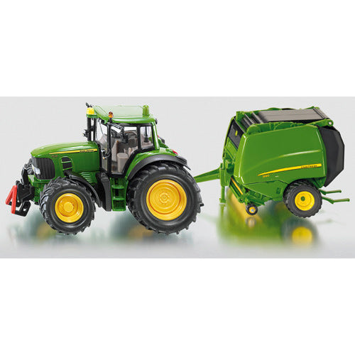 Siku 1665, John Deere Traktor mit Ballenpresse inklusive 2 Heuballen, Metall-Kunststoff, grün, bewegliche Teile