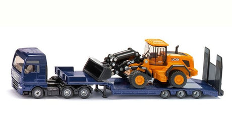 Siku 1790, Manntransporter mit Tieflader und JCB-Schaufel, 1:87, Metall-Kunststoff, blaugelb, klappbare Rampe, beweglicher Arm