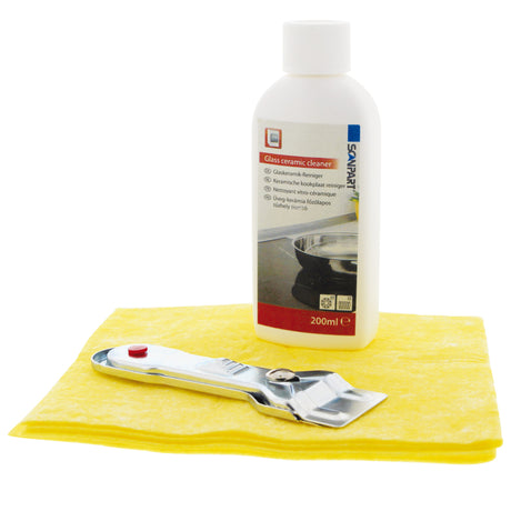 Scanpart Kochfeld-Wartungsset – für alle Glas-Kochfelder – wie Ceran-Induktions- und Halogen-Kochfelder – inklusive Reiniger 200 ml – Schaber und Tuch