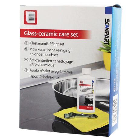 Scanpart Kochfeld-Wartungsset – für alle Glas-Kochfelder – wie Ceran-Induktions- und Halogen-Kochfelder – inklusive Reiniger 200 ml – Schaber und Tuch