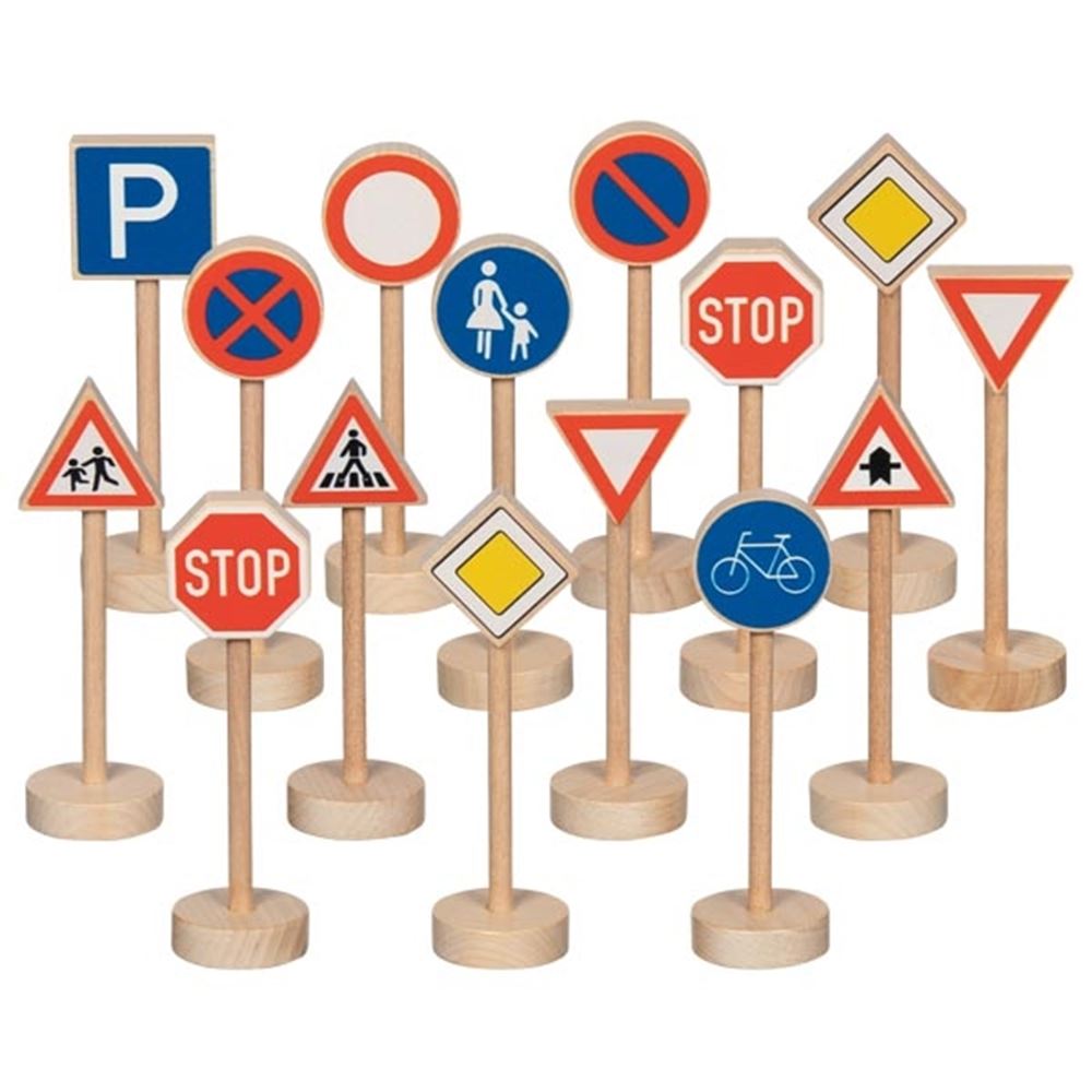 Goki Verkehrszeichen-Set aus Holz, 15-teilig.