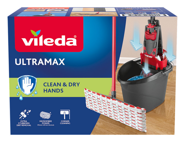 Vileda Ultramax Komplettset – flacher Mikrofasermopp + Eimer mit Presse