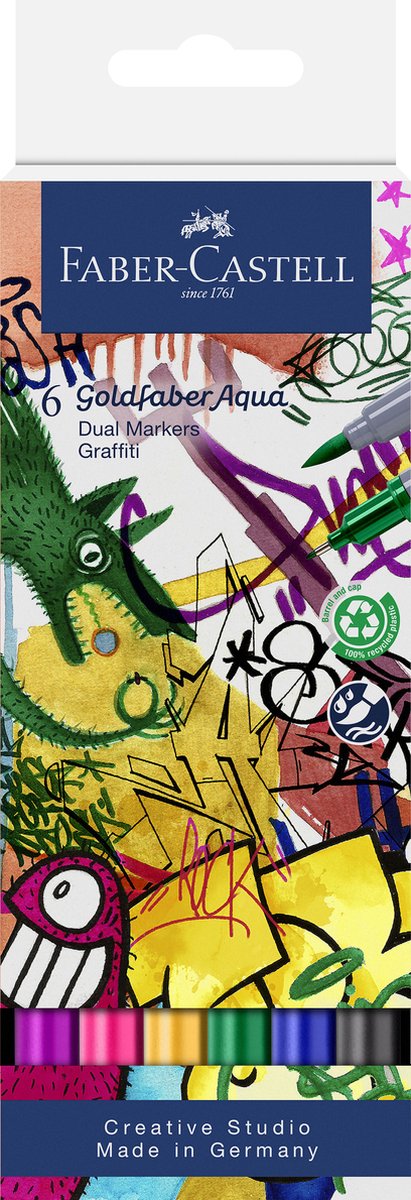 Faber-Castell – Duo-Aquarellmarker Goldfaber – Set mit 6 Graffiti – Pinsel 0,6 mm – fc-164525