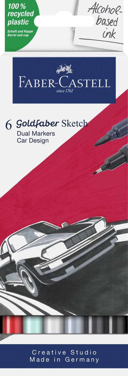 Faber-Castell Skizzenmarker – Goldfaber – Auto-Design-Set – 6 Farben – Alkoholmarker – FC-164813