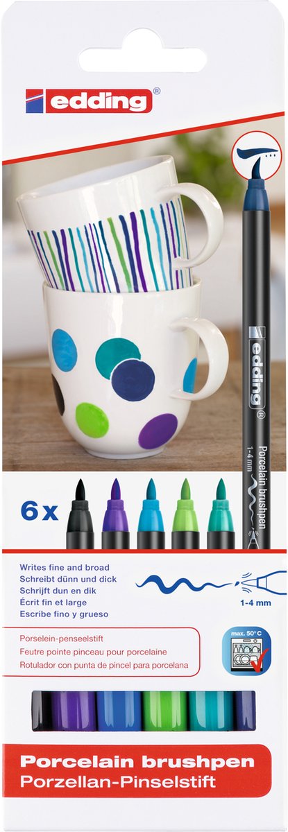 Edding 4200 Porzellanmarker – cooles Farbset – 6 Marker – flexible Pinselspitze 1–4 mm – Filzstift zum Bemalen und Dekorieren von Keramikporzellan – spülmaschinenfest, lichtechte Tinte, schnell trocknend
