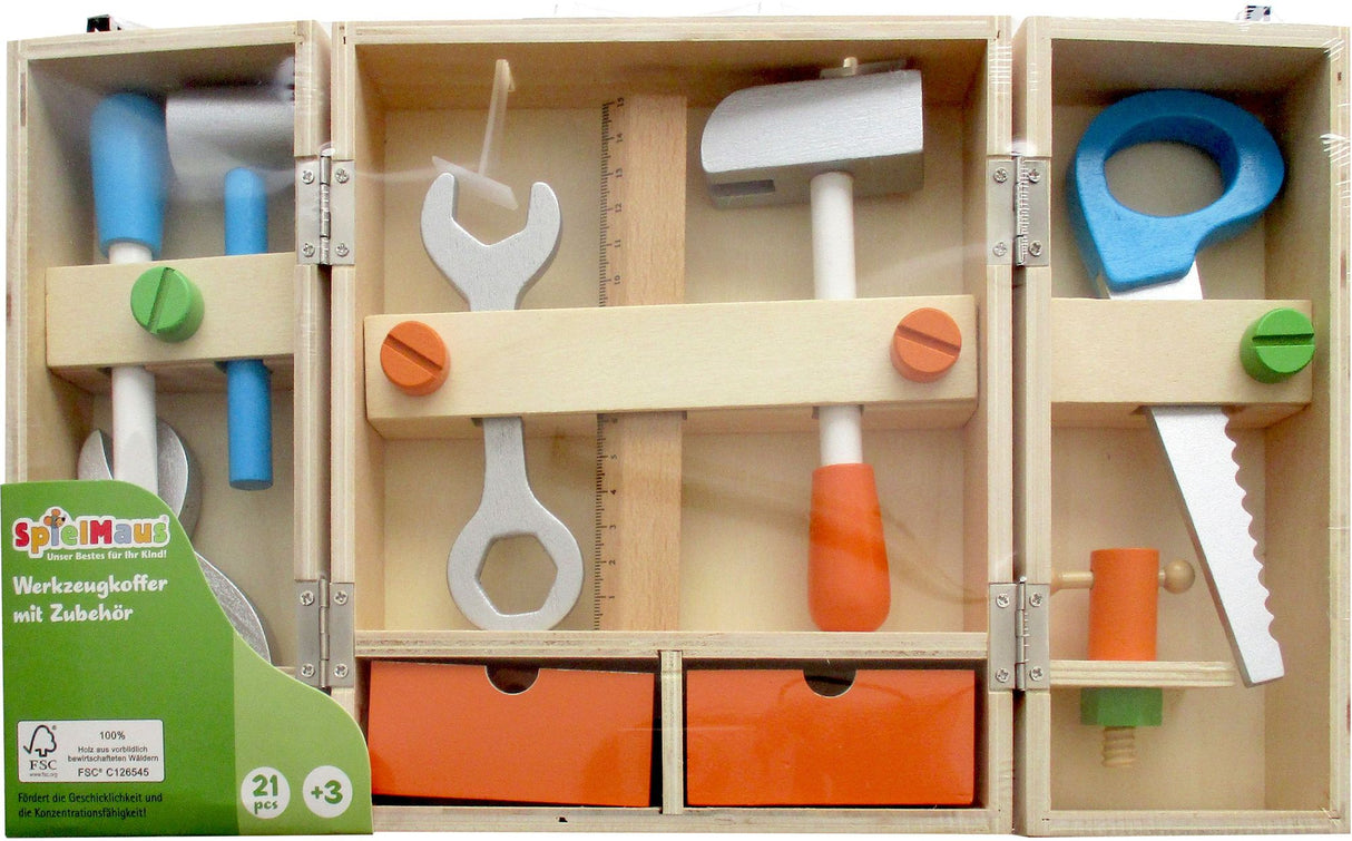 Vedes Spielzeug-Werkzeugkasten aus Holz mit Zubehör