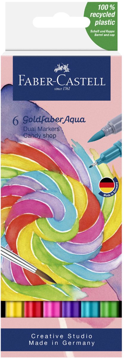 Faber-Castell – Duo-Aquarellmarker Goldfaber – Etui 6 Stück Candy Shop – Pinsel 0,6 mm – FC-164528