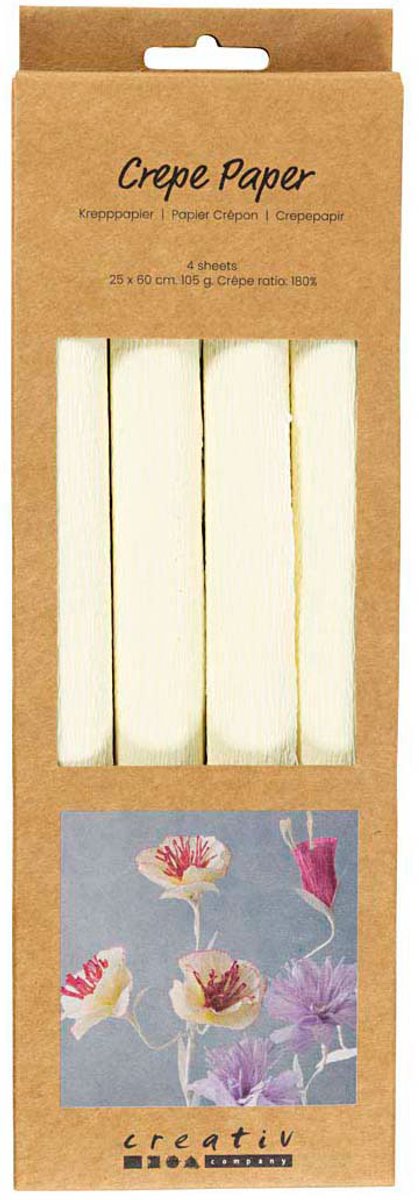 Creativ Company Krepppapier, Blatt 25 x 60 cm, Kreppverhältnis: 180 %, 105 g, gebrochenes Weiß, 4 Blatt 1 Karton