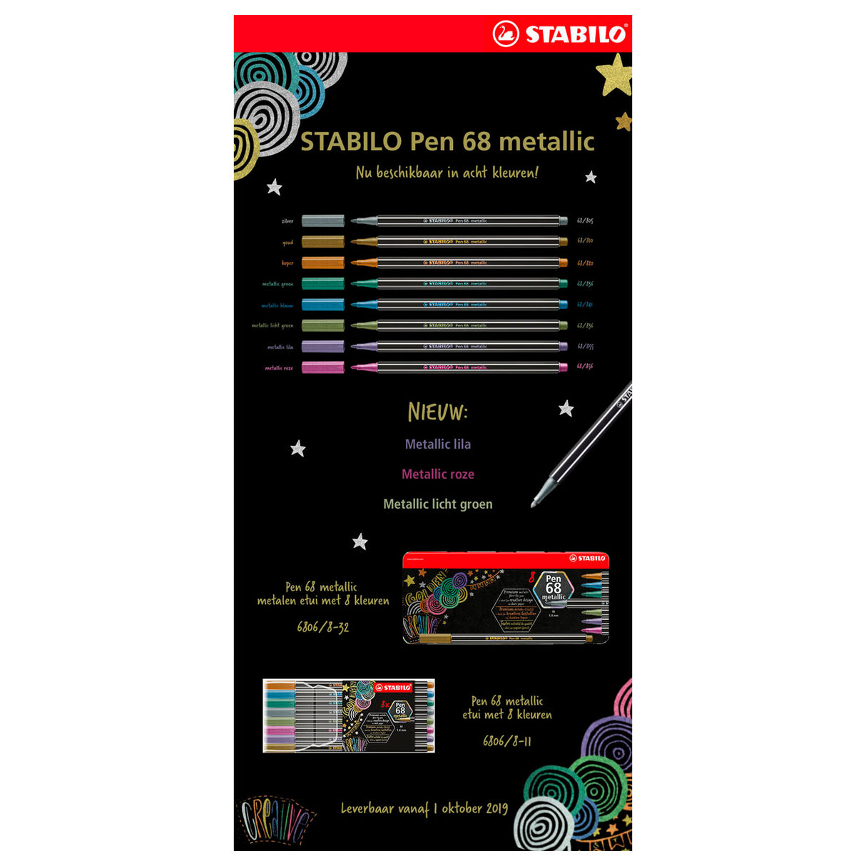 Stabilo Pen 68 Metallic Metal Box Felt -Tip stylos, 8e.