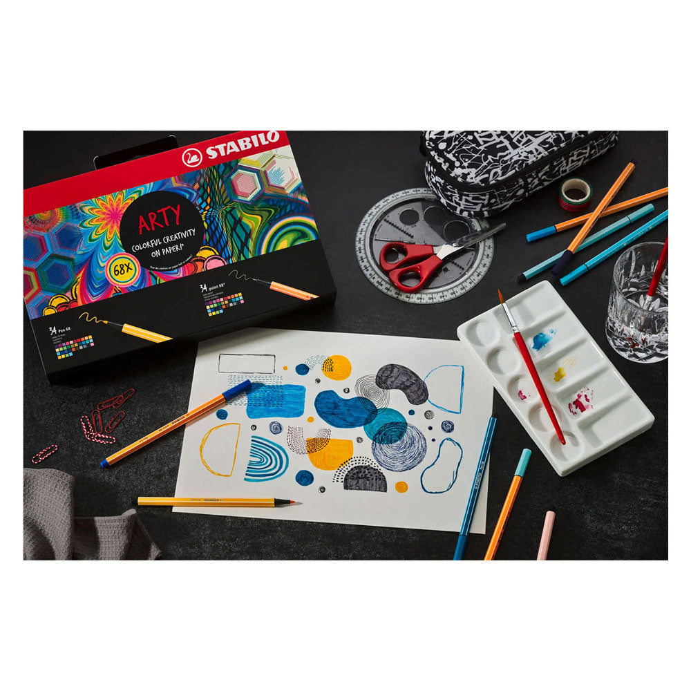 Stabilo point 88 pen 68 - creative arty mixed in luxe box - met 34 stuks point 88 fineliners en 34 stuks pen 68 viltstiften