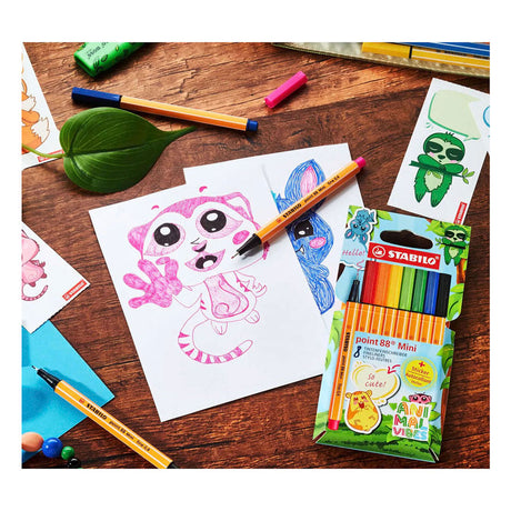 Stabilo point 88 mini – Premium Fineliner – Animal Vibes – Etui mit 8 Farben + Aufkleber