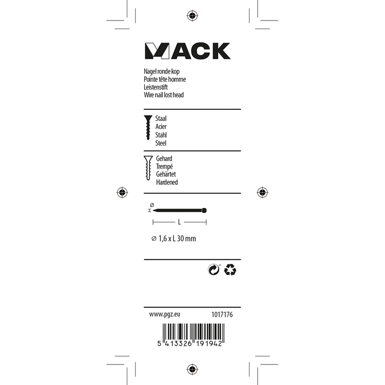 Mack 1017176 - nagel ronde kop staal gehard 45 gr 1,6 x 30 mm | 10 stuks