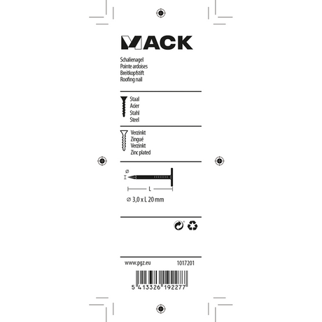 Mack 1017201 - schalienagel staal verzinkt 100 gr 3,0 x 20 mm | 5 stuks