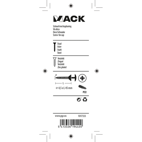 Mack 1017333 - schroef met kopboring staal verz. 10 st 4,5 x 45 mm | 10 stuks