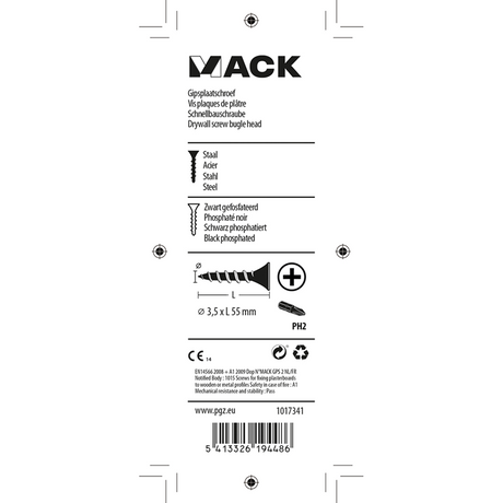 Mack 1017341 - gipsplaatschroef zwart gefosf. 15 st 3,5 x 55 mm | 10 stuks