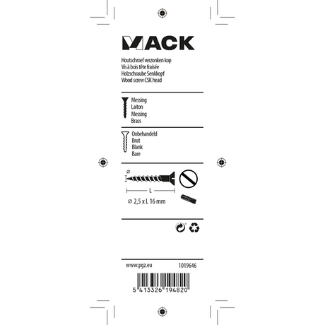 Mack 1019646 - houtschroef verzonken kop messing 11st 2,5 x 16 mm | 10 stuks