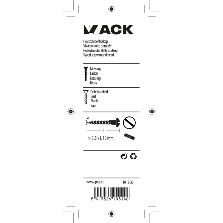 Mack 1019661 - houtschroef bolkop messing 10 st 3,5 x 16 mm | 10 stuks