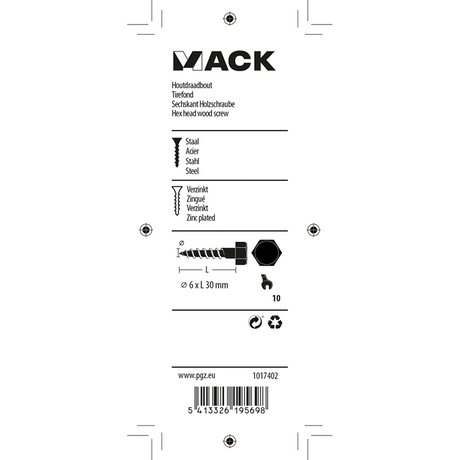 Mack 1017402 - houtdraadbout staal verzinkt 12 st 6 x 30 mm | 10 stuks
