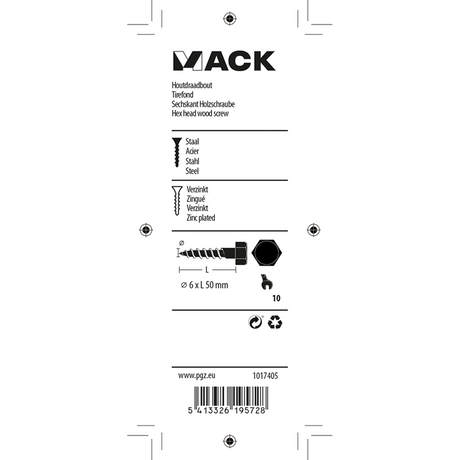Mack 1017405 - houtdraadbout staal verzinkt 9 st 6 x 50 mm | 10 stuks