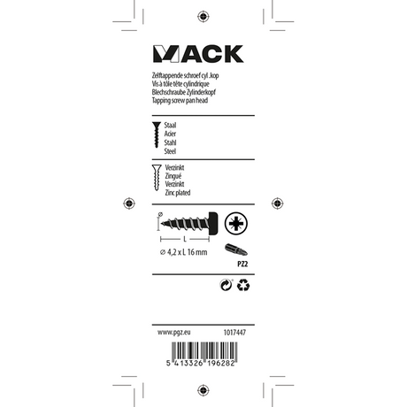 Mack 1017447 - zelftappende schroef cyl kop verz. 20st 4,2 x 16 mm | 10 stuks