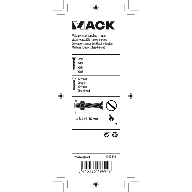 Mack 1017491 - metaalschroef verz. kop + moer verz. 20st m4 x 16 mm | 10 stuks