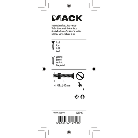 Mack 1017497 - metaalschroef verz. kop + moer verz. 6 st m4 x 60 mm | 10 stuks