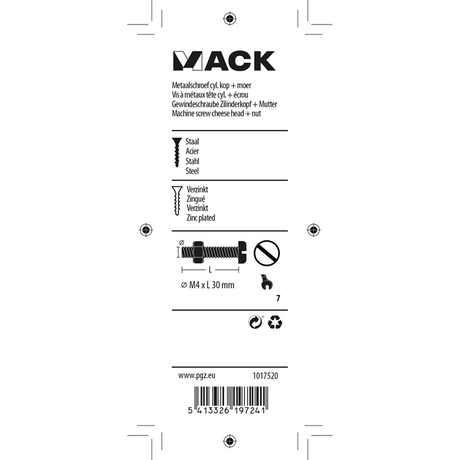 Mack 1017520 - metaalschroef cyl. kop + moer verz. 14 st m4 x 30 mm | 10 stuks
