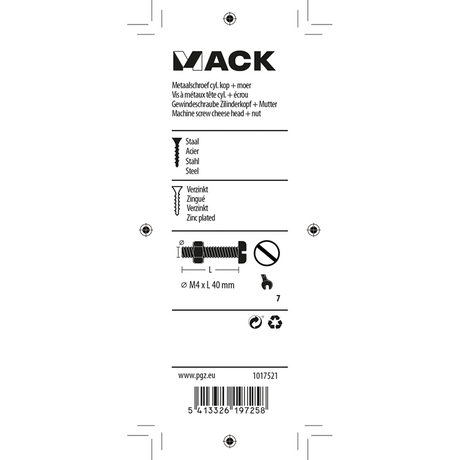 Mack 1017521 - metaalschroef cyl. kop + moer verz. 12 st m4 x 40 mm | 10 stuks