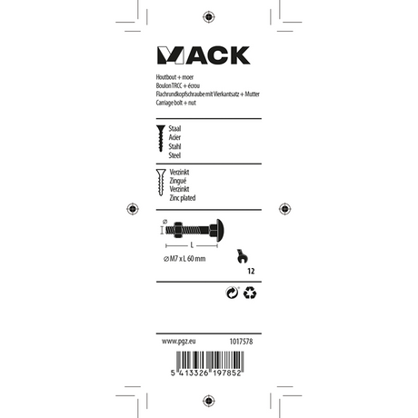 Mack 1017578 - houtbout + moer staal verzinkt4 st m7 x 60 mm | 5 stuks