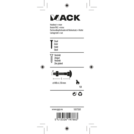 Mack 1017581 - houtbout + moer staal verzinkt5 st m8 x 50 mm | 5 stuks