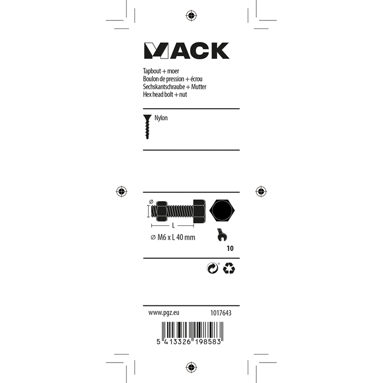 Mack 1017643 - tapbout + moer nylon 5 st m6 x 40 mm | 10 stuks