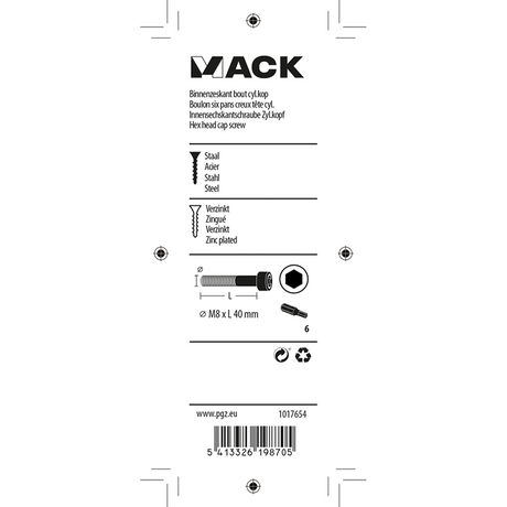 Mack 1017654 - binnenzeskant bout cyl.kop verz. 3 st m8 x 40 mm | 10 stuks