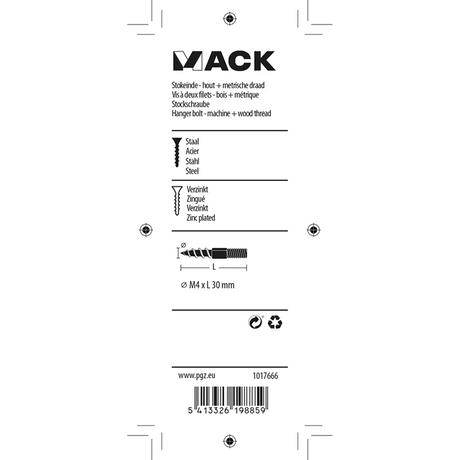 Mack 1017666 - stokeinde hout + metr. draad verz. 8 st m4x30 | 10 stuks