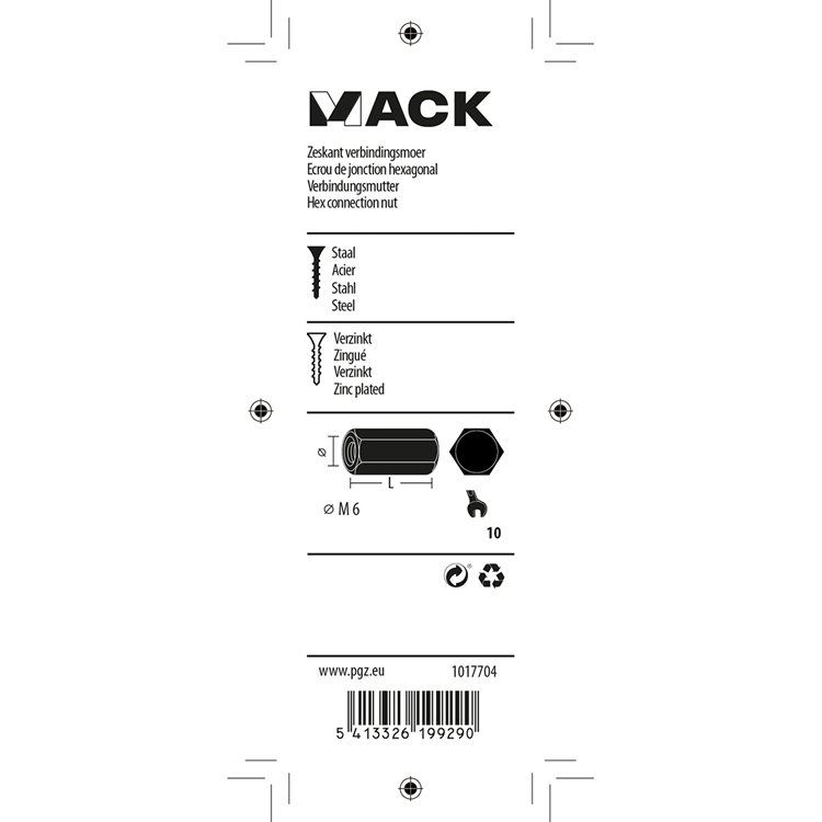 Mack 1017704 - zeskant verbindingsmoer verzinkt 3 st m6 | 10 stuks