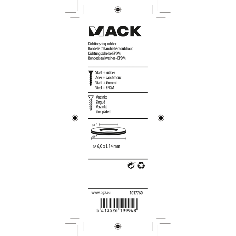 Mack 1017760 - dichtingsring rubber verzinkt 20 st 6,0 x 14 mm | 10 stuks