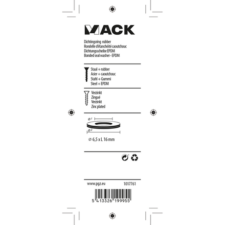 Mack 1017761 - dichtingsring rubber verzinkt 15 st 6,5 x 16 mm | 10 stuks