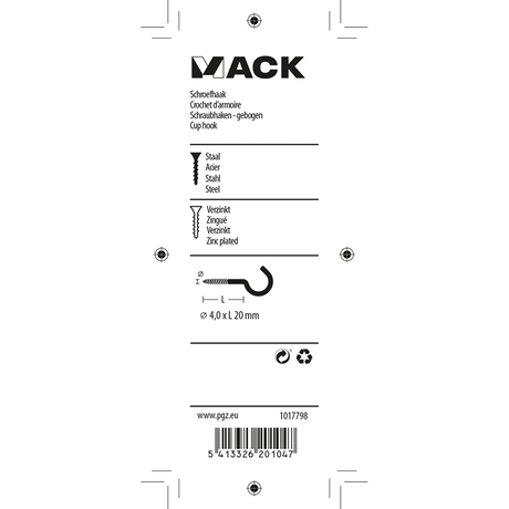 Mack 1017798 - schroefhaak staal verzinkt 8st 4,0 x 20 mm | 10 stuks