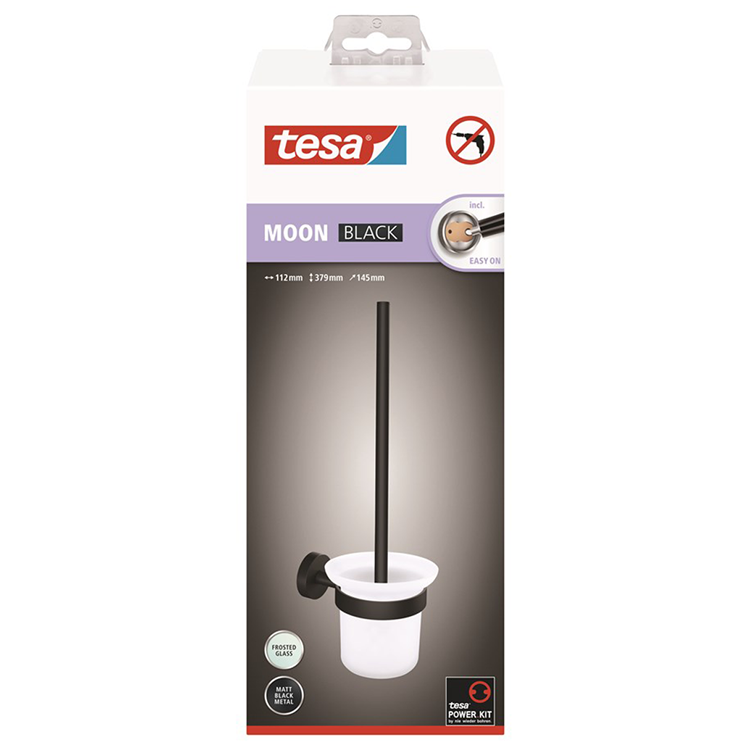 Tesa ® moon black hangende toiletborstelhouder - montage zonder boren - zelfklevend - mat zwart metaal glas - industrieel design - wandmontage