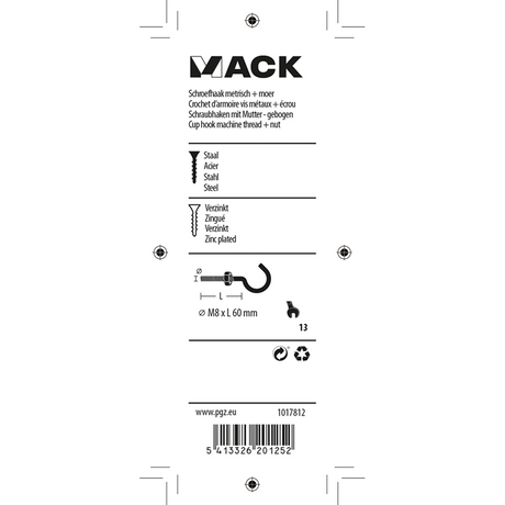 Mack 1017812 - schroefhaak metrisch + moer verzinkt 2st m8 x 60 mm | 10 stuks